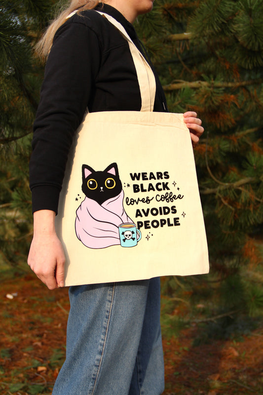 Plátěná taška - WEARS BLACK loves coffee AVOIDS PEOPLE